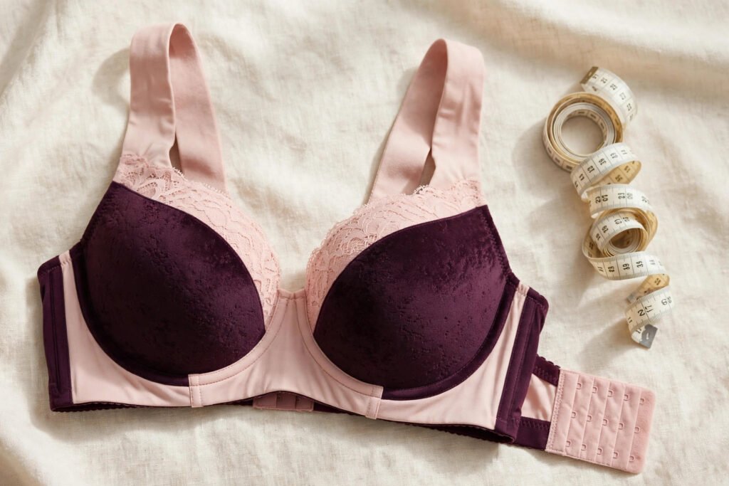 Supportive full-cup lifting bra flat-lay in deep plum on a light background