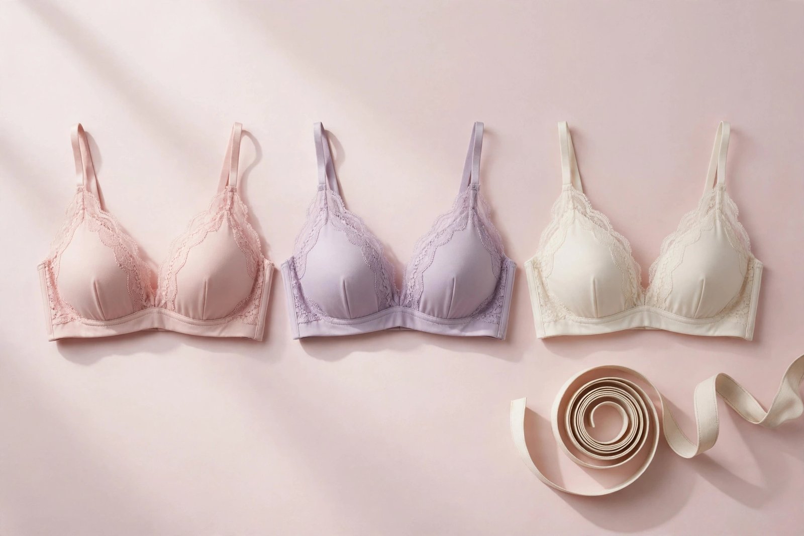 Pastel flat-lay with a bra and measuring tape